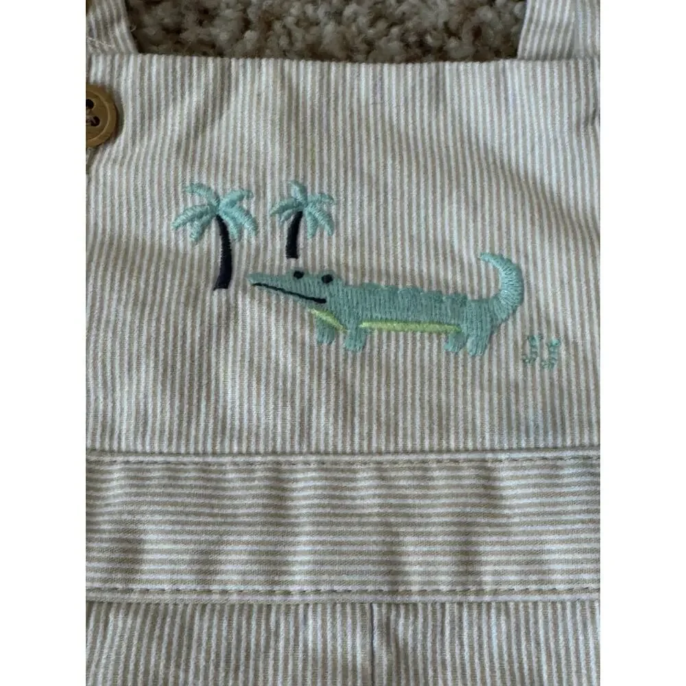 Janie & Jack baby overalls, shorts, 3-6 months, Tan & white; with Alligator